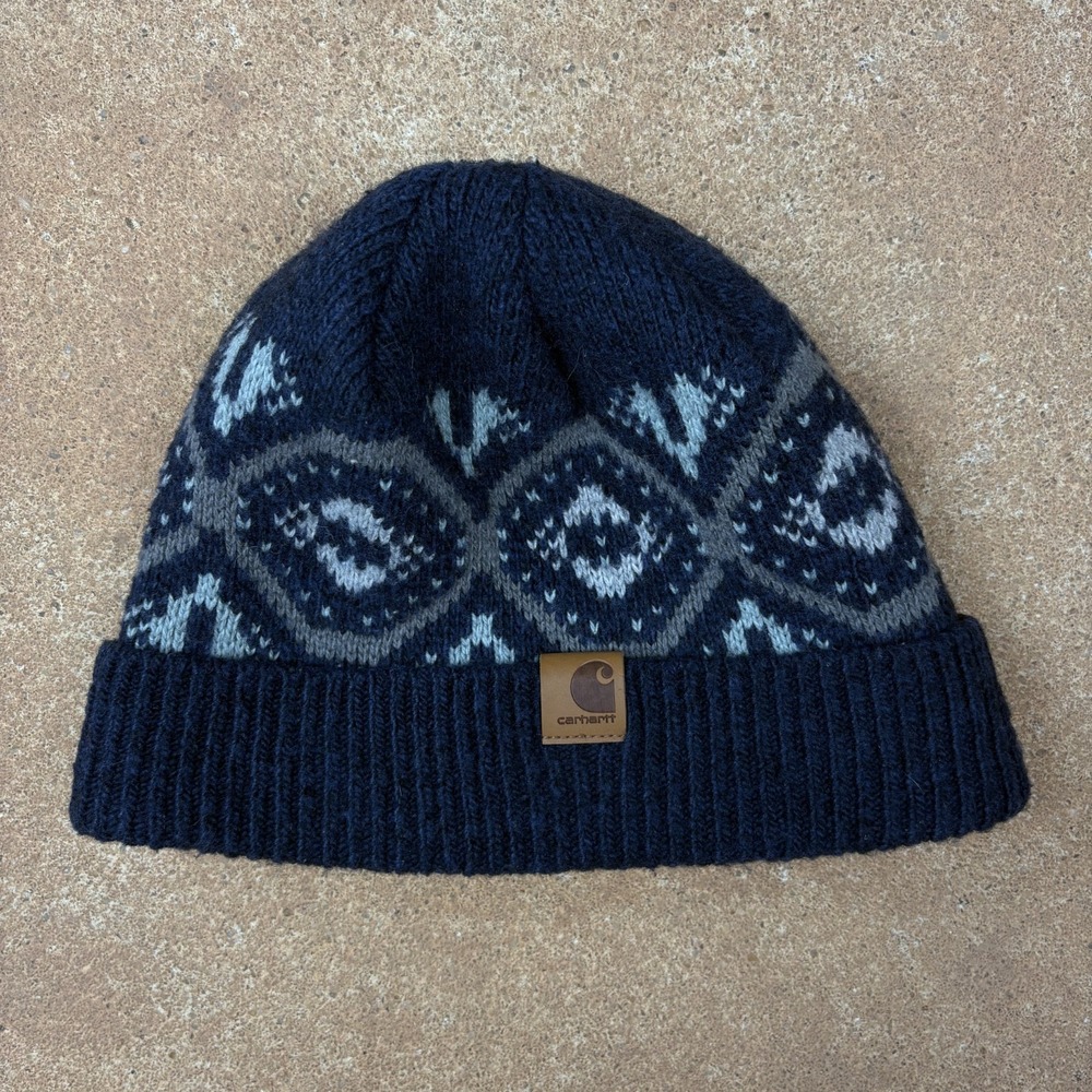 Vintage Carhartt Beanie Hat Navy Blue Fair Isle Pattern Logo Cuffed Knit Cap